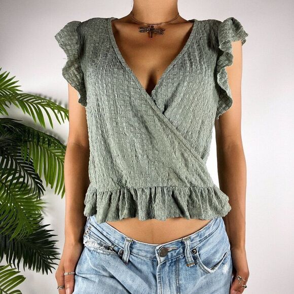 Vintage Green Cottagecore Coquette Ruffle Short Sleeve Cropped Top / XS - Picture 3 of 7